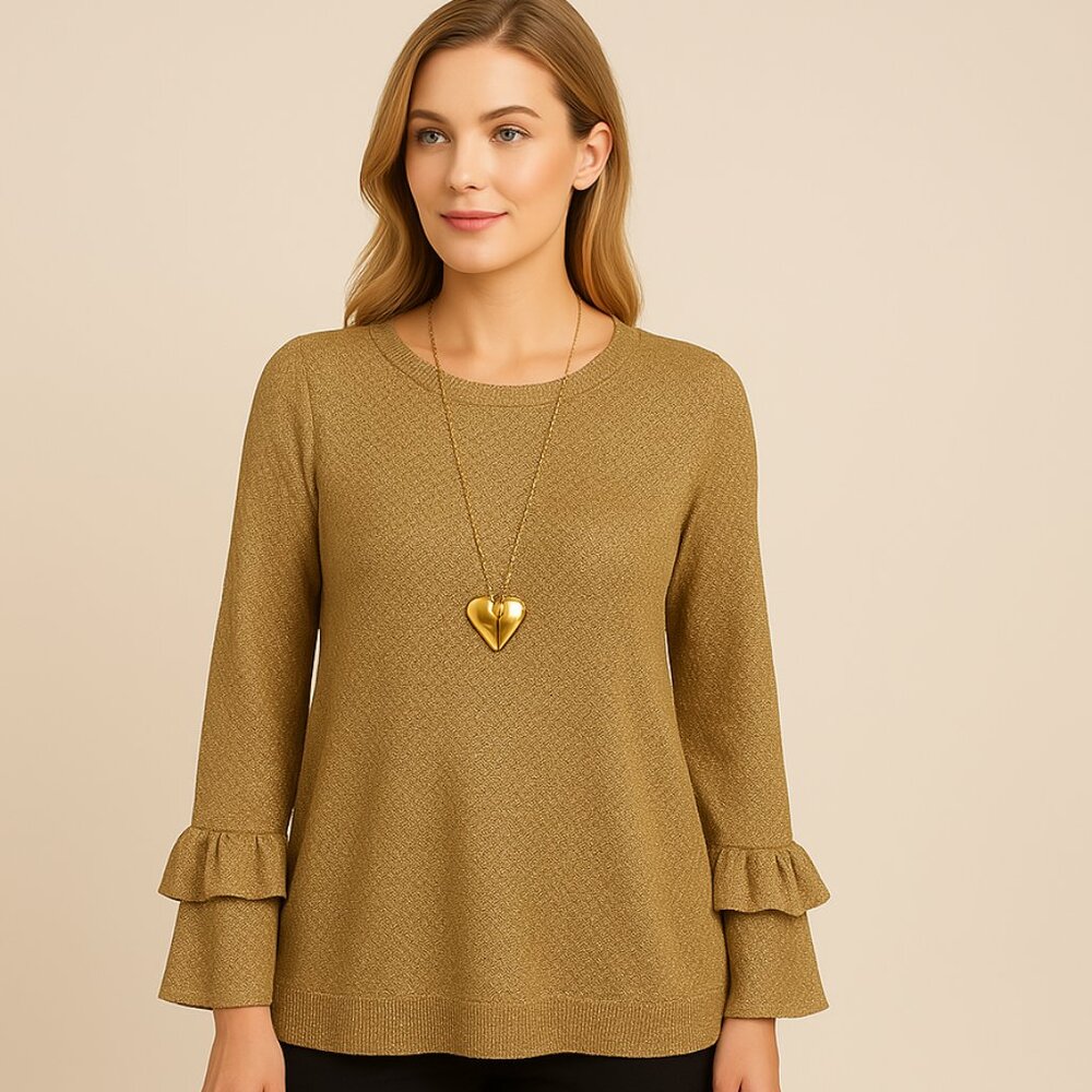 Michael Kors Gold Shimmery Metallic Knit Sweater Ruffle Sleeves Size Small